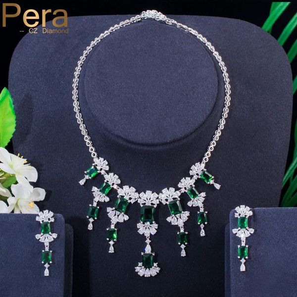 

earrings & necklace pera luxury green square cubic zirconia long big statement flower drop earring and bridal jewelry set for women j282, Silver