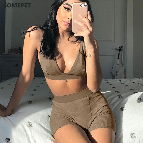 

women's tracksuits 2pcs/set women sleeveless strap bra bustiers tank vest crop high waist shorts pants trousers tracksuit summer, Gray
