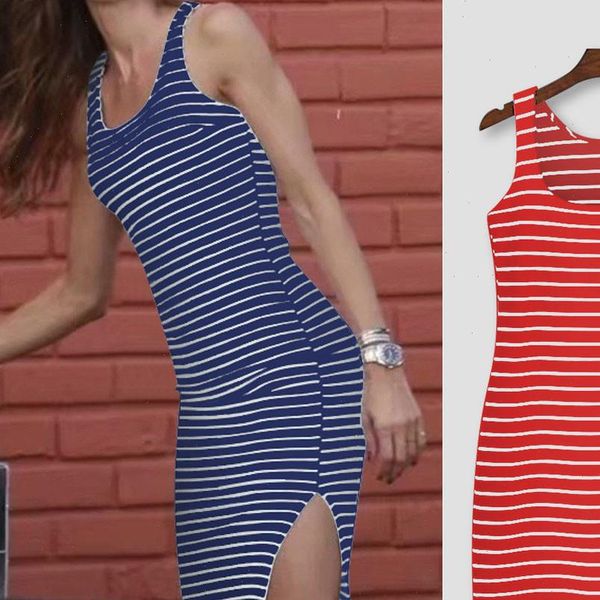 

robe dress for women fashion dress casual women stripe print o neck sleeveless split vestidos de verano 2021, Black;gray