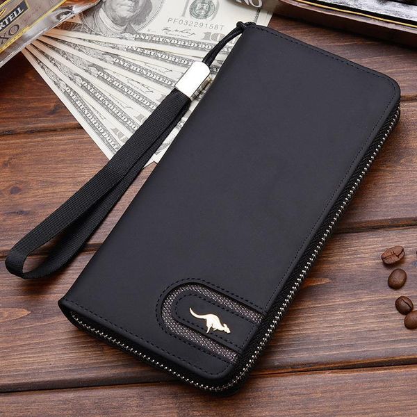 

mens leather wallet zipper long big capacity clutch phone bag wrist strap coin purse card holder for male, Red;black