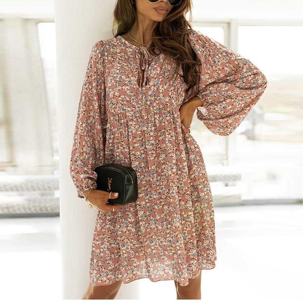 

casual dresses floral print o neck women dress autumn loose long sleeve lace up office wear elegant female 2021 fashion vestidos, Black;gray