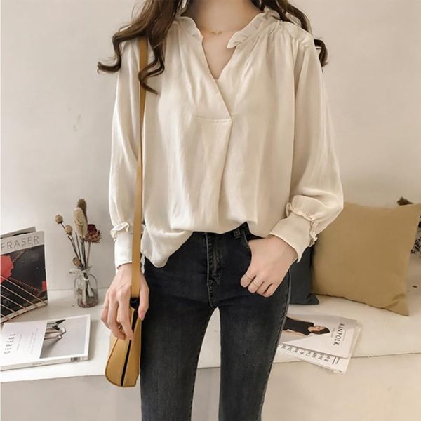 

women's blouses & shirts women ruffled long sleeve blouse vintage female v neck street casual elegant, White