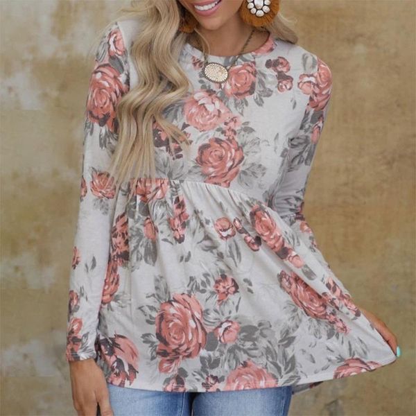 

women's t-shirt women flower printing long sleeve round neck casual loose pullover ladies fashion clothing shirt, White