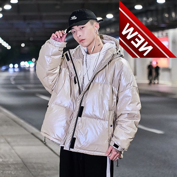 

trendy brand shiny leather down jacket men's short hooded korean style loose hong kong spirit guy 90% duck, Black