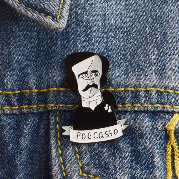 

edgar allan poe poecasso brooch, american writer and writer pins metal for backpack bag badge clothes accessories, Blue