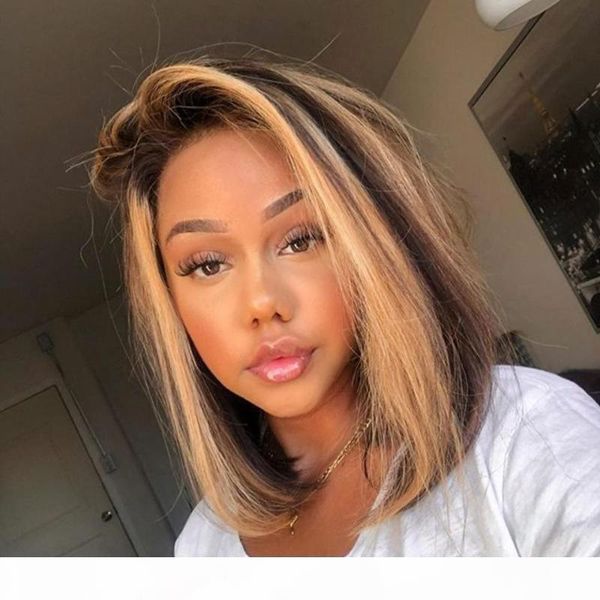 

13x4 highlight lace front human hair wigs honey blonde brown pre plucked 150% ombre highlight bob wig peruvian 4 27 hair wigs, Black;brown