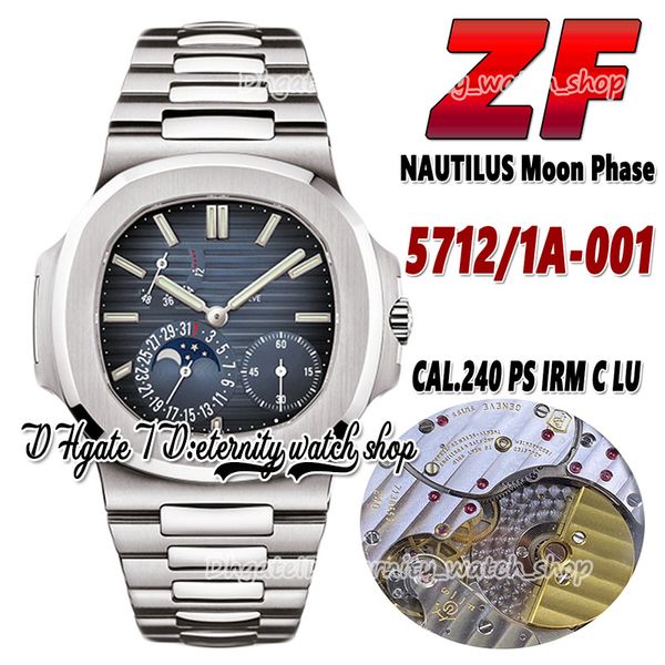 2022 ZF 40mm 5712/1A-001 PP240 Relógio masculino automático Fase da lua Textura azul Mostrador polido escovado Bisel Safira SS Aço inoxidável Pulseira eternidade Super Relógios