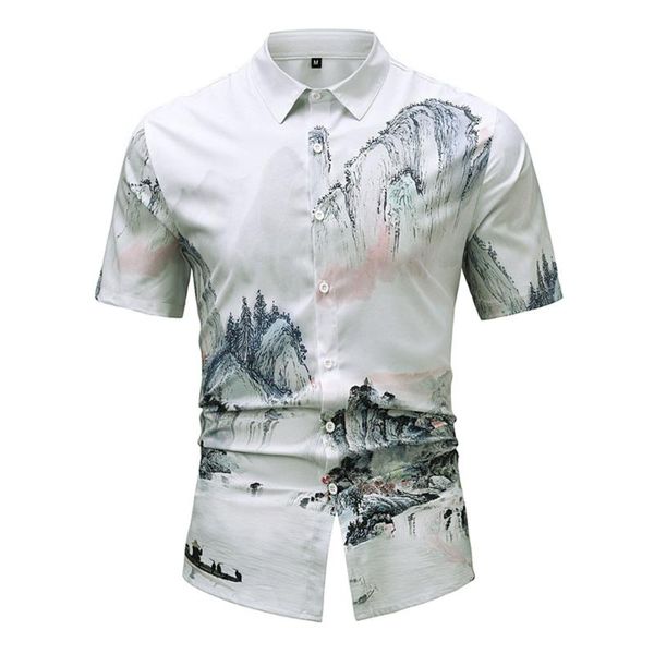 

western style shirt spring summer fashion loose casual simple landscape painting printing single-breasted lapel summer 2021, White;black