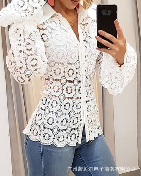 

wepbel flower pattern shirt fashion women blouse shirt lace full flare sleeve new hollow out floral, White
