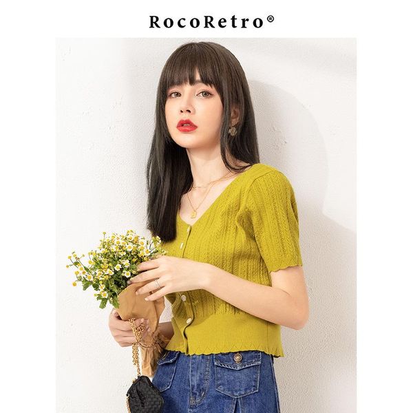 

roco retro 2021 autumn winter a/w new collection short sleeve v neck knit wear cardigan ginger-colour yellow, Black;brown