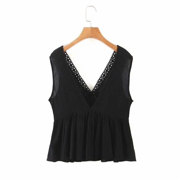 

women v-neck lace pajamas style black short blouse 2021 summer chic lady sleeveless ruffles solid shirts femme, White