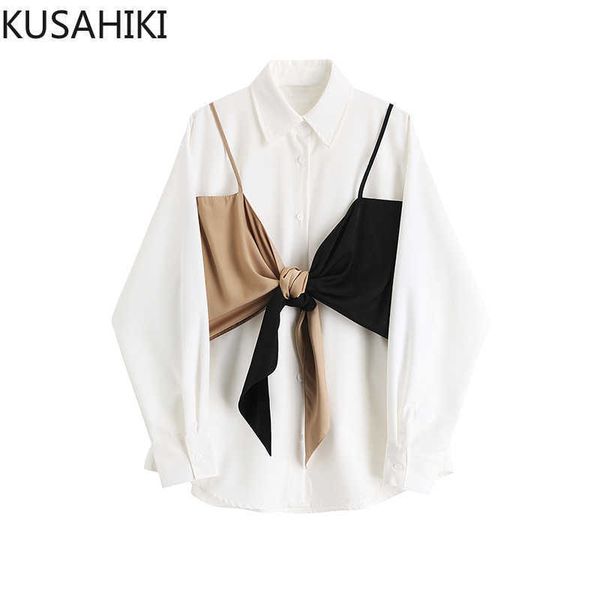 

elegant patchwork fake two pieces blouse shirt bow bandage slim waist women spring blusas 6e580 210603, White