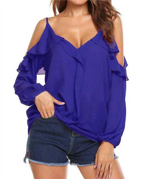 

2021 women chiffon and shirts casual loose patchwork ruffles sleeve blouse v neck cold shoulder shirts big size, White