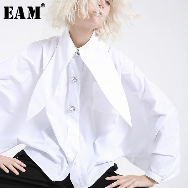 

[eam] 2021 new spring summer lapel long lantern sleeve nailed temperament large size brief shirt women blouse fashion jh362, White
