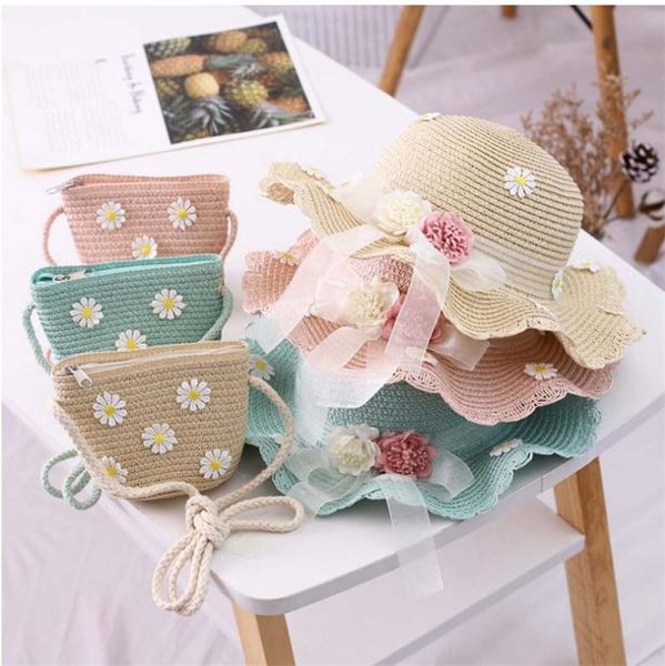 

caps & hats 2021 child summer straw hat bag set 2 piece children's baby girls little daisy beach sun children weave, Yellow