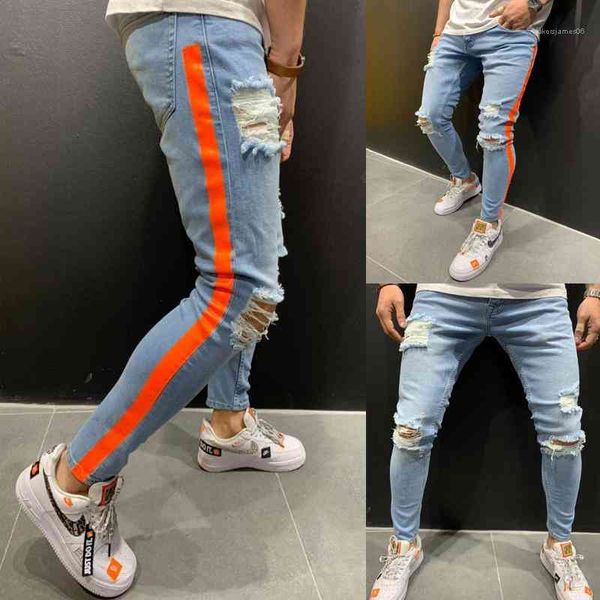 

pants mens red striped jeans spring autumn fashion ripped blue designer biker jean