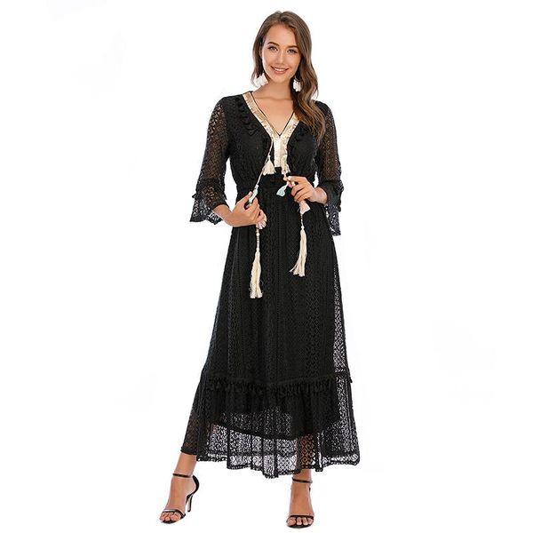 

casual dresses 2021 ladies beach v-neck bohemian dress tassel series, Black;gray