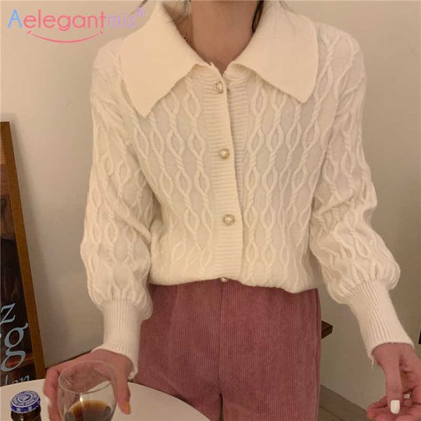 

aelegantmis vintage peter pan collar cardigan women cozy knitted sweater oversized casual korean twist jumpers coats chic 210607, White