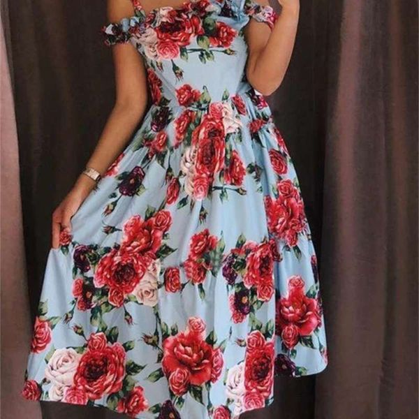 

suspender off printed summer shoulder 2021 fashion a-line women's dress 101386, Black;gray