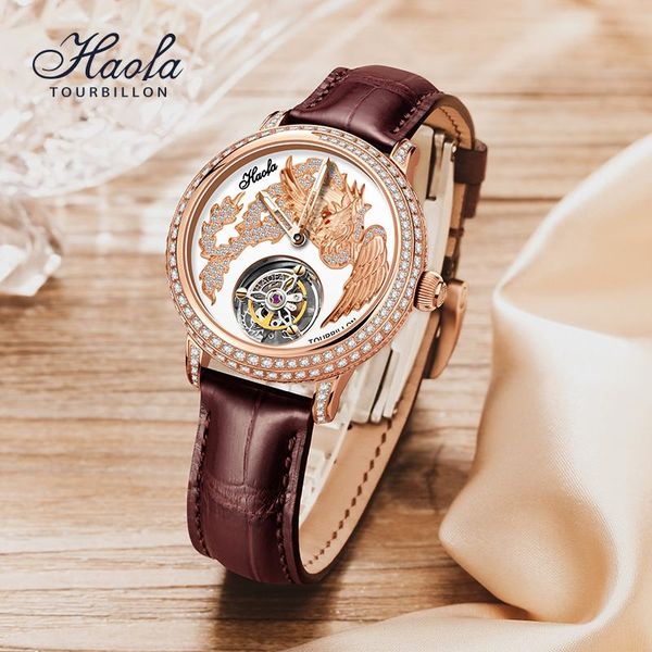 

wristwatches haofa tourbillon mechanical manual watch for women luxury crystal fashion flying sapphire waterproof, Slivery;brown