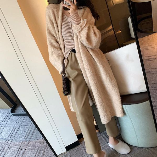 

women's knits & tees [ewq] korea chic pink knitted cardigan autumn 2021 halter loose open stitch long sleeve sweater coat female 16e390, White