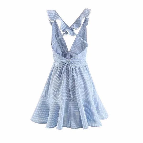 

2019 v-neck mini dress women lace up cross back ruffle dress female striped backless skater dress vestidos, Black;gray