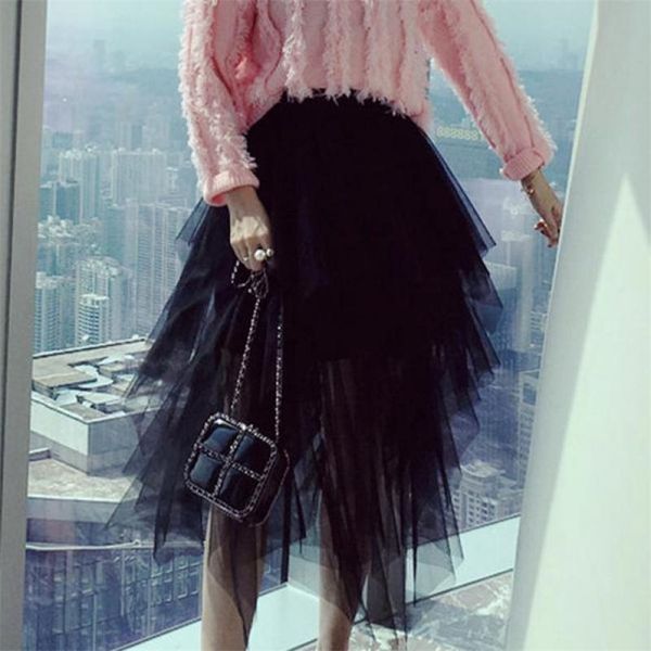 

spring and summer products street irregular pompong multi-layer high-waist mesh pure color skirt 210527, Black