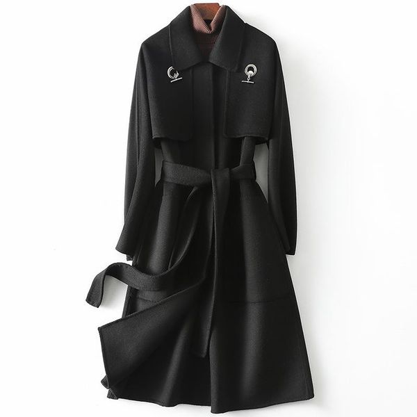 

women's wool & blends 2021 autumn fashion chain double-sided coat female waist slim long waistcoat + outwear two-piece suit, Black