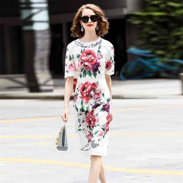 

truevoker designer summer dres's short sleeve vintage peony floral printed knee length vestido robe femme ete 210602, Black;gray