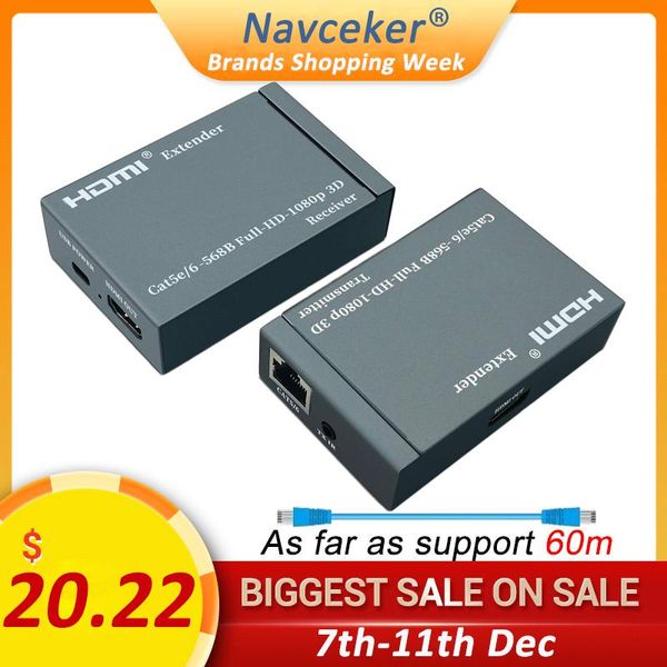 

audio cables & connectors 1080p 60m extender over cat6 cat7 ethernet with ir function rj45 transmitter tx/rx loop