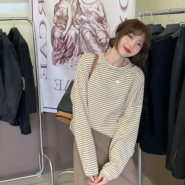 

women's t-shirt 2021women long sleeve t-shirts retro striped soft loose leisure teenagers gentle all-match females tee daily to, White