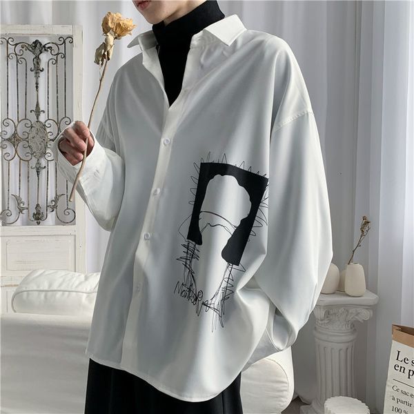 

2021 new streetwear printed hawaiian long sleeve solid fashion casual male shirt -3xl citw, White