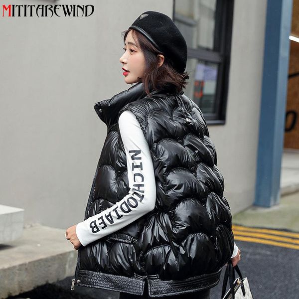 

women's vests winter vest women parkas sleeveless jacket embossed bright cotton padded coats casaco feminino chaquetas, Black;white