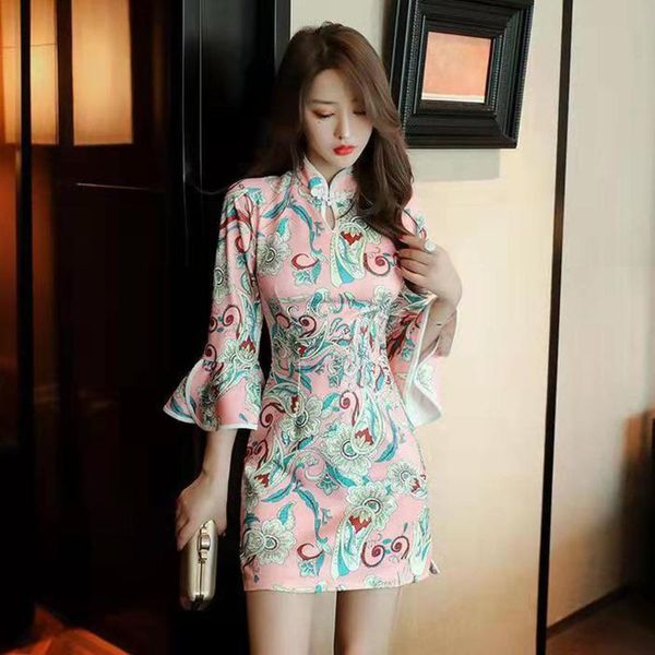

ethnic clothing fashion 2022 plus size s-xl vintage chinese pink qipao casual party women a-line dress short sleeve summer cheongsam dresses, Red