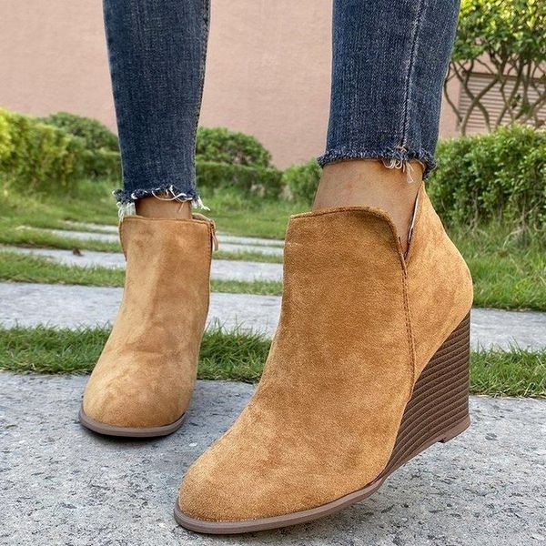 

boots women leopard ankle round toe booties winter footwear platform high heels wedges shoes woman bota feminina, Black