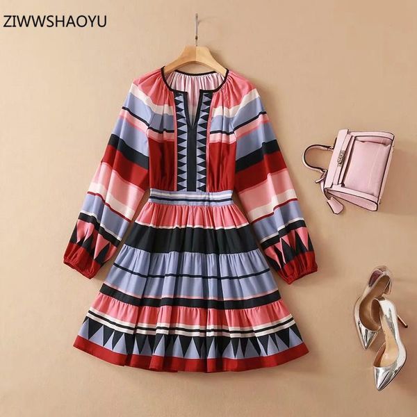 

casual dresses ziwwshaoyu summer fashion woman cotton elegant mini dress o-neck lantern sleeve striped print female slim party a-line, Black;gray