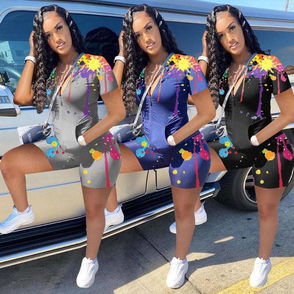 

women's tracksuits inkjet printed pocket short sleeve two-piece suit, Gray