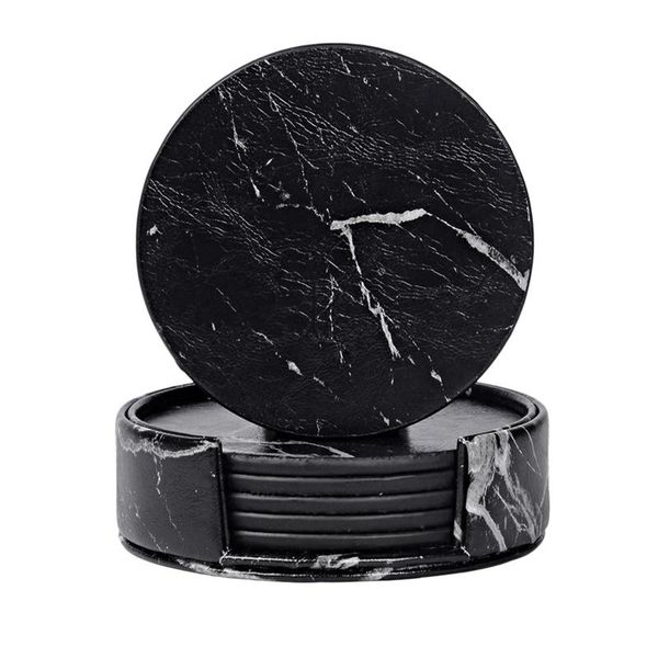 

coasters for drinks 6-piece with holder,marble black round cup mat pad set of home and kitchen use