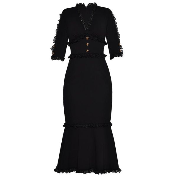 

casual dresses gold panther buttons ruched lace v neck half sleeve peplum mermaid party womens midi bodycon black elegant dress, Black;gray