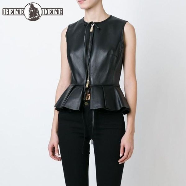 

women's vests sleeveless genuine leather vest women o-neck slim fit ruffle zip sweet short waistcoat jacket autumn female sheepskin, Black;white