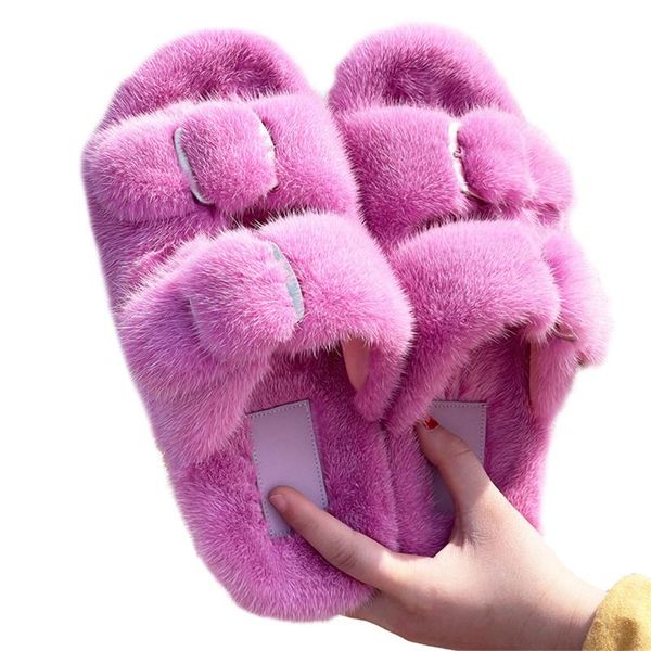 

slippers european station ladies fur mink flat-heel fashion luxury, Black