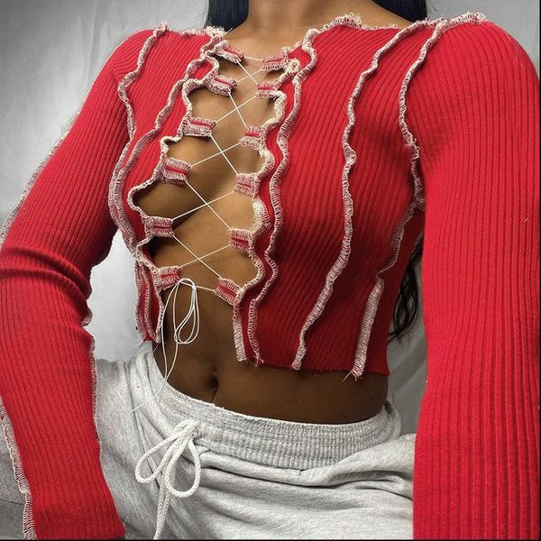 

patchwork lace up long sleeve crop women ribbed party knitwear t shirt hollow out bodycon club tie front top, White