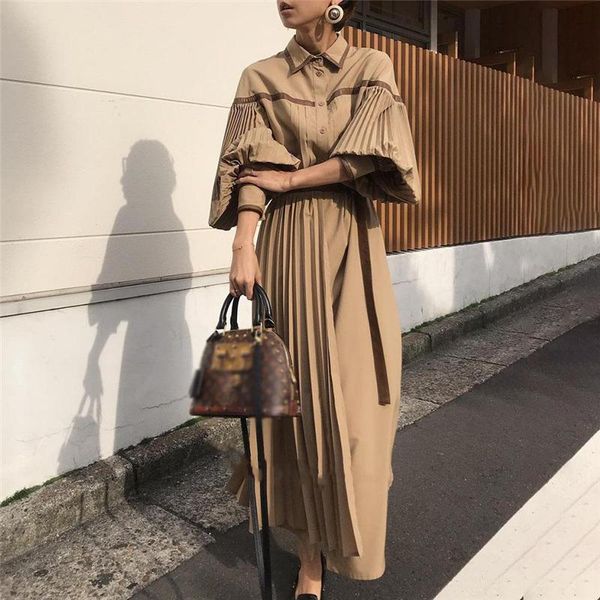 

ewq] 2021 autumn 2021 fashion lace up patchwork female robe vintage lantern sleeve pleated women dress single-breasted vestido, Black;gray