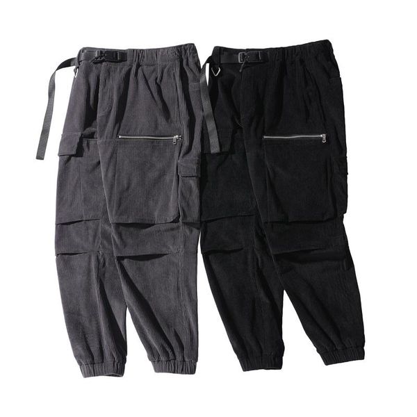 

men's pants corduroy cargo man streetwear japanese style trousers for men casual baggy classic fashion, Black