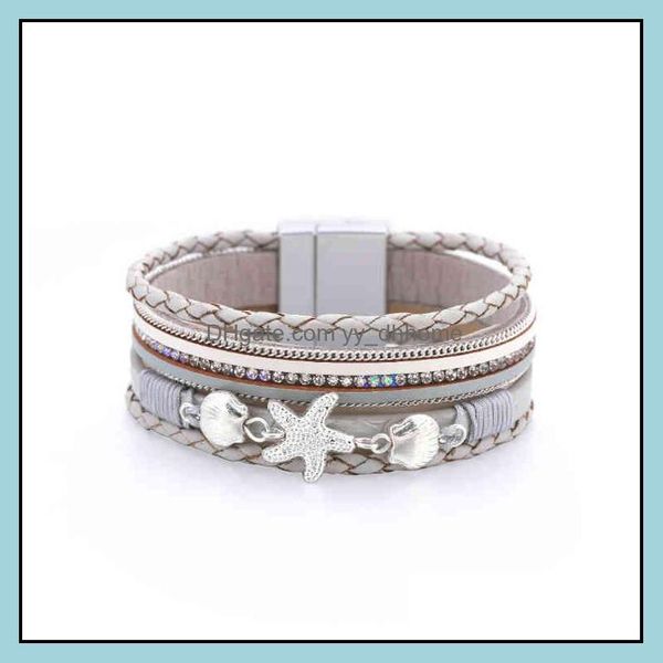 

charm bracelets jewelry women ethnic style sea shell wrap bracelet ocean jewellery magnetic clasp mti strand leather starfish bangle drop de, Golden;silver