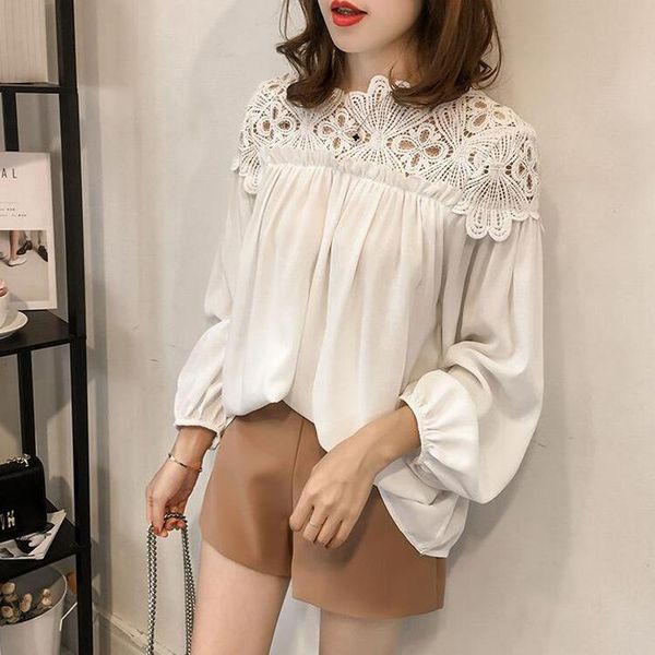 

women's blouses & shirts female blouse shirt lace hollow collar chiffon women lantern sleeve ladies cop organza, White
