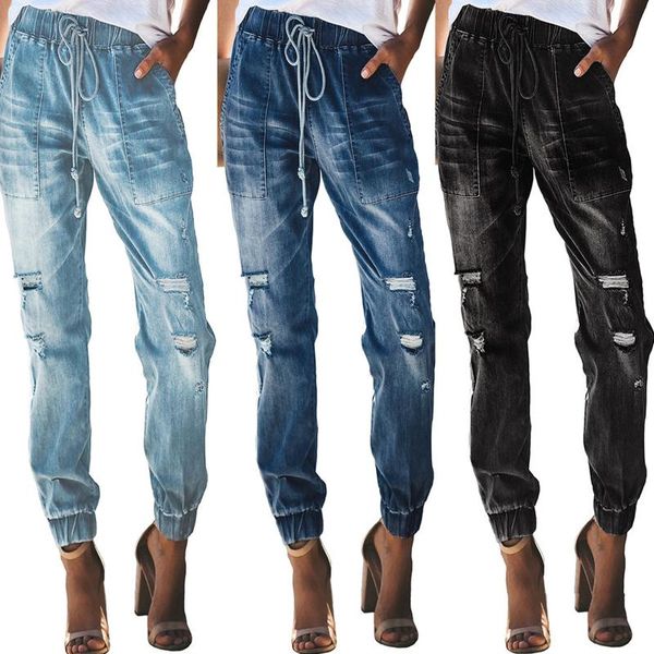 

women's jeans ripped drawstring elastic waist washed casual pants straight denim trousers loose long vintage femme, Blue