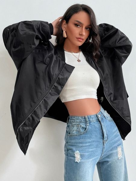 

ruched lantern sleeve zipper bomber jacket t84n#, Black;brown