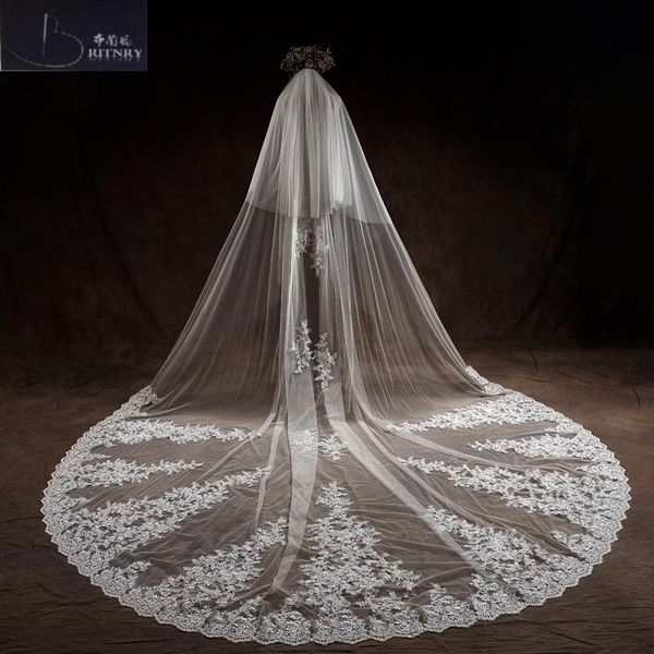 

bridal veils lace edge 3.5 meter ivory luxury cathedral wedding veil accessories long velos de novia, Black