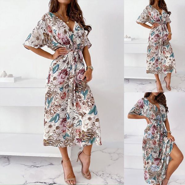 

summer elegent sundress women dress fashion printed waist belted v neck large swing casual holiday midi, Black;gray